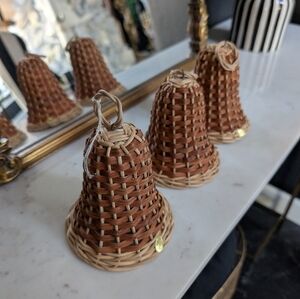 Set of 3 Vintage, Boho, Holiday Wicker Rattan Hanging Table Mantle Bells Display